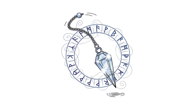 Crystal pendulum swinging over rune circle, mystical divination concept