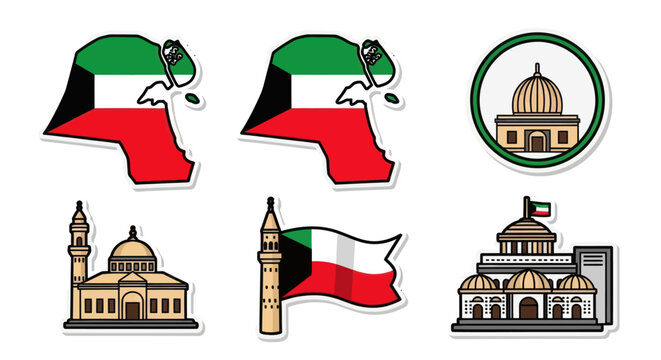 Kuwait National Symbols: Map Outline, Flag, Mosque, Dome Building, Government Architecture