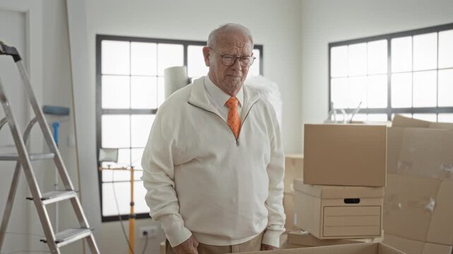 Grey haired senior man wearing an orange tie, packing cardboard boxes, hands on carton and standing near ladder amid stacked packages in a building; melancholy transition.