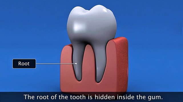 3D animation showing detailed tooth anatomy including enamel, dentin, pulp, crown, and root structure.