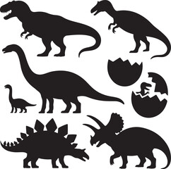 Vector illustration of dinosaur silhouette including Stegosaurus, Brontosaurus, Velociraptor, Triceratops, Tyrannosaurus rex, and Spinosaurus. © HARUN