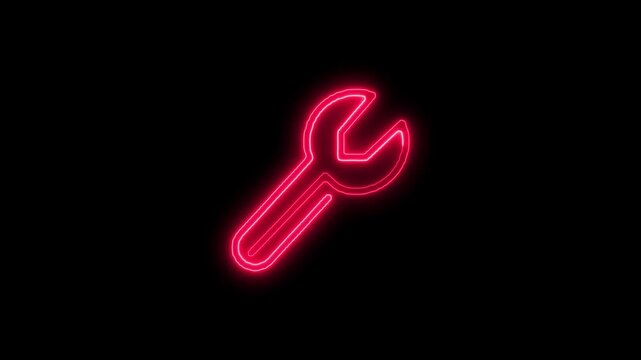 Red Neon Wrench Icon Glowing Against Black Background tool spanner