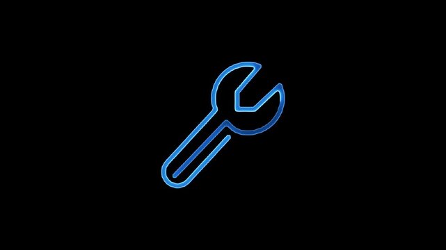 Blue neon wrench icon on black background with glowing effect tool spanner