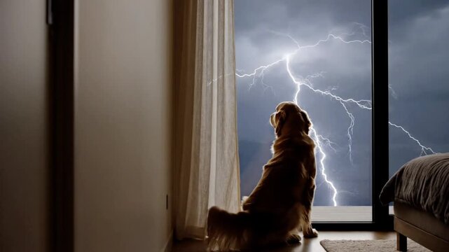 Golden retriever looking out the window at a powerful lightning storm with dark ominous clouds and bright flashes of lightning