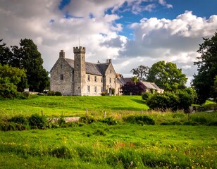 Obraz premium A stately stone building with a tower sits on a hill. Lush green grass blankets the foreground. Cloudy sky overhead