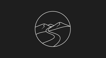 Naklejka premium A minimalist white line art logo depicting a winding road leading to mountains within a circular frame on a black background