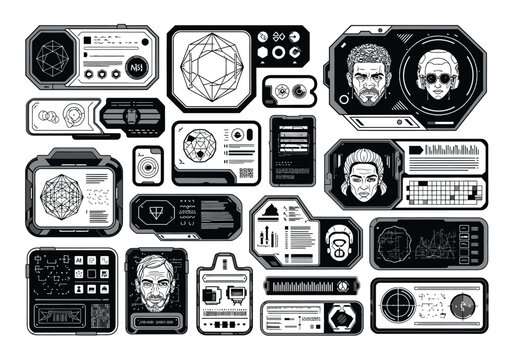 Futuristic HUD UI Interface Elements Set with Sci-Fi Data Displays and Character Digital Profiles