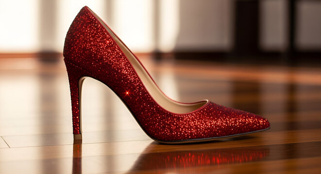 Captivating red glitter high-heel shoe, exuding glamour and sophisticated style, standing elegantly on a polished wooden floor, a symbol of fashion and confidence for special occasions