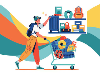Travel shopping vector illustration, a happy person pushing a cart full of luggage and travel essentials. Vacation preparation and trip planning, tourism and adventure concept. © Huynh Khang