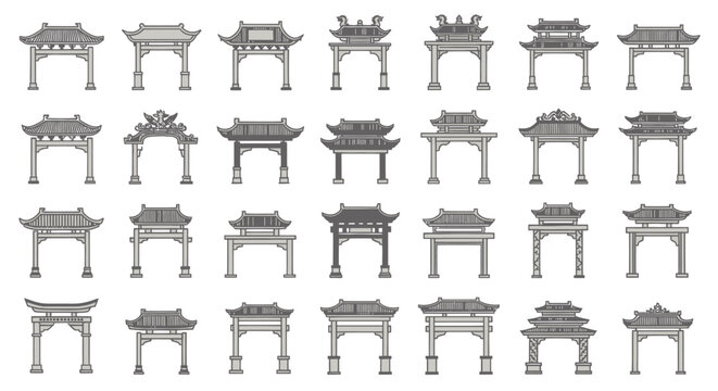 Collection of Traditional Chinese Torii Gates and Pagoda Archways