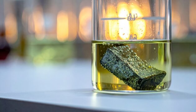A metallic block of sodium submerged in mineral oil within a clear glass beaker, undergoing chemical observation.