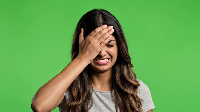 Shocked young South Asian woman gasping in fear on green screen