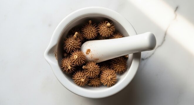 Close-up of a mortar and pestle with burdock seeds.