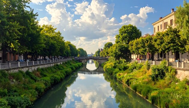 A serene river runs through a town with lush greenery