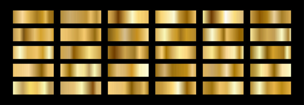 Metallic gradient swatches. Gold Foil Palette. Copper satin shine for metal degrade strip design. Champagne texture patterns with holographic effect. Vector illustration.