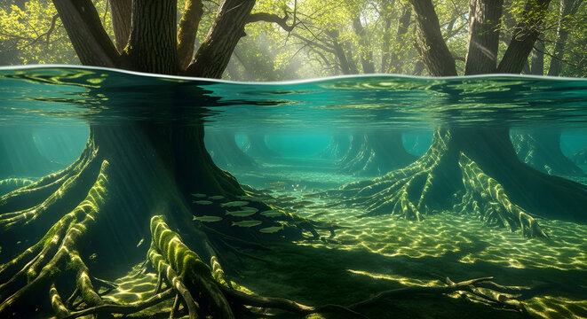 Mystical underwater forest with sunbeams illuminating ancient tree roots and a school of fish swimming peacefully
