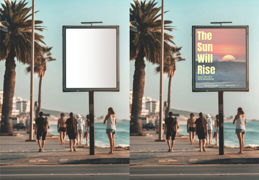 Beachfront Billboard Mockup With Sunrise PSD