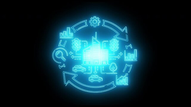 Neon-lit blue circular flowchart with various business icons on a black background with a glowing effect.