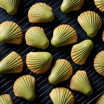 shell-shaped matcha madeleines. They have the classic golden-green color, a slightly crisp edge, and a soft interior. Arranged in a neat pattern on a cooling rack. A light dusting of matcha powder ove
