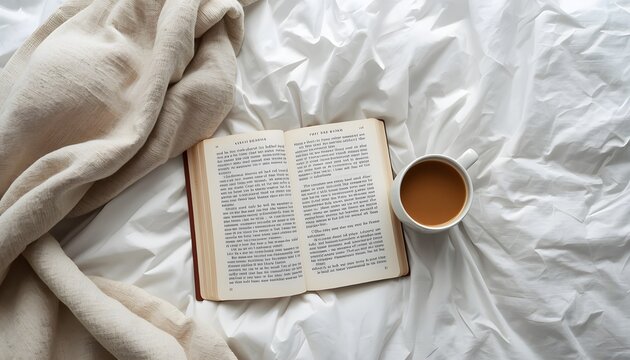 Close Up of Open Book and Coffee on Bed, Cozy Reading Concept