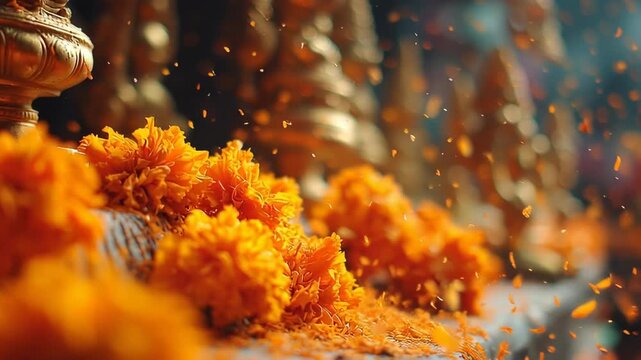 Marigold Flower Petals Falling During Hindu Temple Worship Ceremony