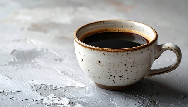 A close-up shot of a speckled ceramic mug filled with dark coffee, set against a textured, light-colored backdrop