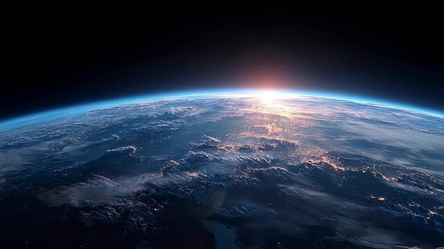 Blue sunrise over earth from space, glowing atmospheric horizon, cinematic planet view