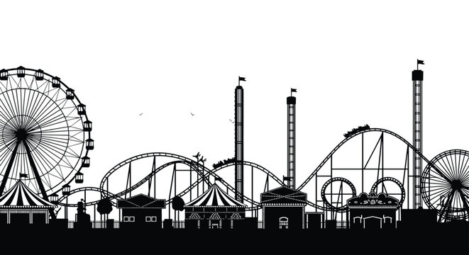 Black silhouette of a large amusement park with roller coasters and a ferris wheel set against a plain white background for design use.