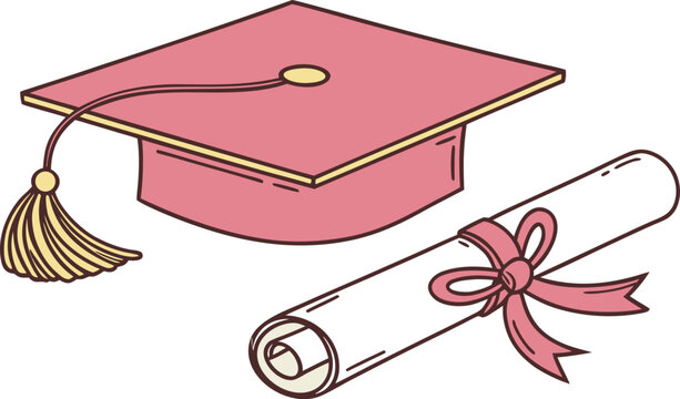 Pink graduation cap with tassel and diploma scroll tied with ribbon, education symbol.