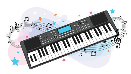 Fototapeta premium Digital electronic keyboard instrument surrounded by musical notes and colorful stars signifies modern music production and play.