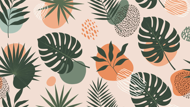 Tropical foliage pattern featuring monstera and palm leaves with abstract geometric shapes and textures on a beige background.