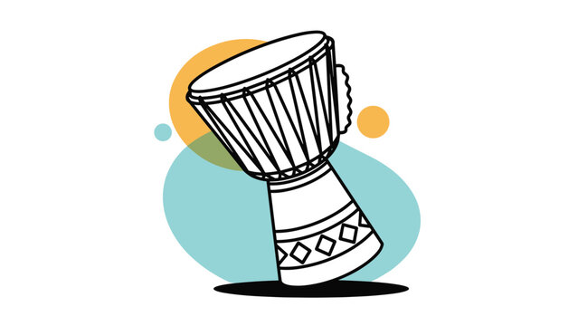 Artistic illustration of a djembe drum with decorative patterns set against a background of colorful abstract shapes.