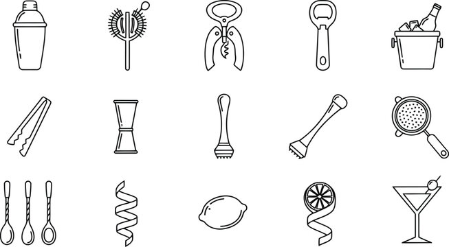 Collection of essential bartending tools and cocktail ingredients arranged in a grid for easy viewing and selection