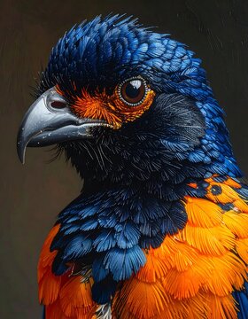 A vibrant bird with blue and orange feathers
