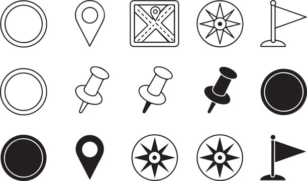 Map navigation and location icons set with pins compass and flags