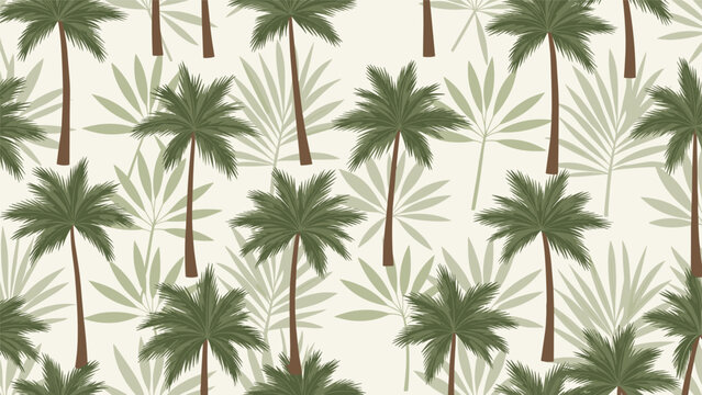 Tropical seamless pattern featuring multiple palm trees and faint leaf silhouettes on a neutral beige background.