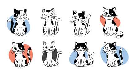 Naklejka premium Adorable set of eight different hand drawn black and white spotted cats in sitting poses with subtle color backdrops.