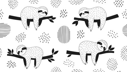 Fototapeta premium Cute black and white seamless pattern featuring adorable sloths sleeping on tree branches among abstract dots and lines.