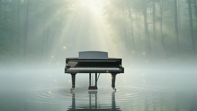 森の水辺に佇むピアノ朝霧幻想背景素材