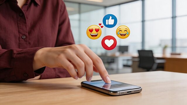 Business person using smartphone in modern office receiving likes and love emojis on screen mobile social media engagement for marketing campaign