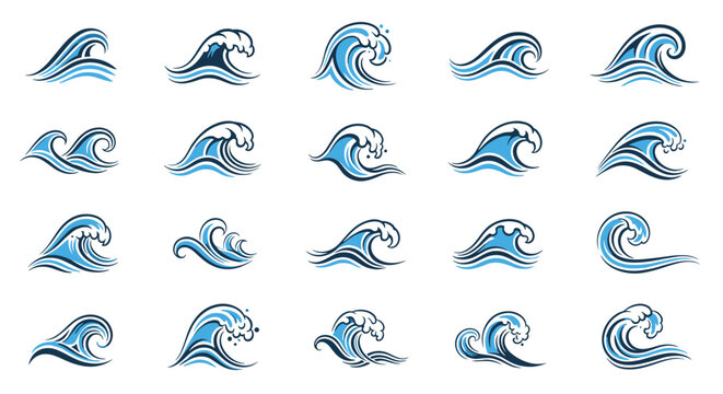 Set of stylized blue ocean wave icons showing different shapes and sizes of splashing water on a white background.