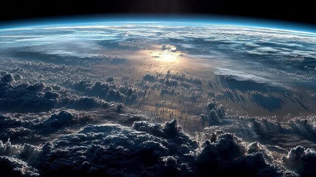 Blue sunrise over earth from space, glowing atmospheric horizon, cinematic planet view
