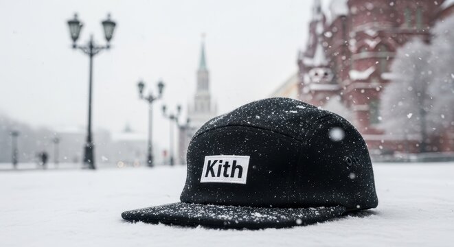 Black Kith Cap in Snowy Red Square, Moscow, Russia.