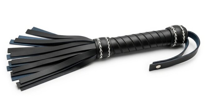 Black Leather Whip Isolated on White Background.