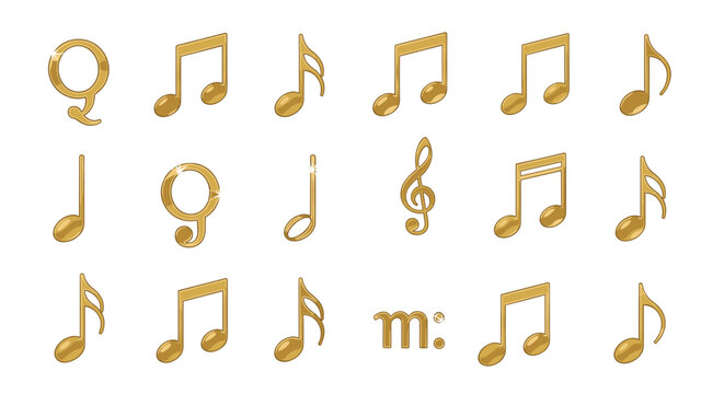 Collection of golden musical note icons featuring different types like crotchet and quaver on a plain white background.