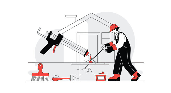 A professional construction worker wearing a red safety helmet and black overalls meticulously applies sealant to a cracked house foundation using a tool.