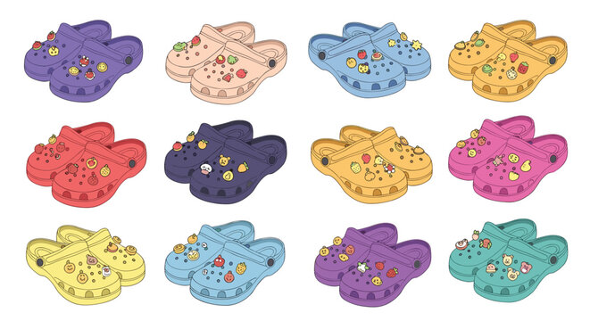 Variety of colorful rubber clogs shoes with decorative charms and unique patterns shown in twelve different pairs.