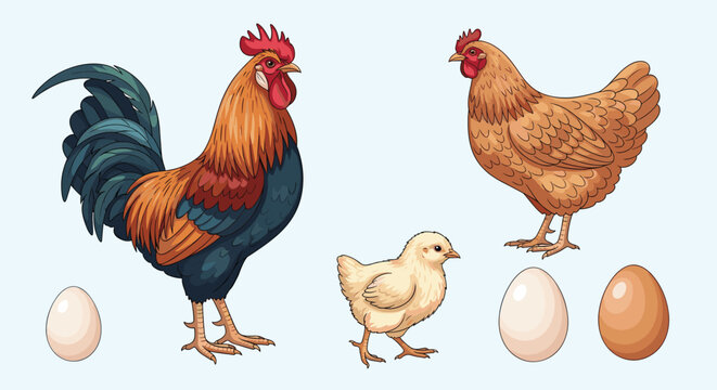 Farm poultry collection featuring a rooster, hen, chick, and various eggs illustrated in a detailed vector style on light blue.
