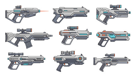 Naklejka premium Collection of futuristic sci-fi energy weapons and blasters designed in a detailed digital art style with various color accents.