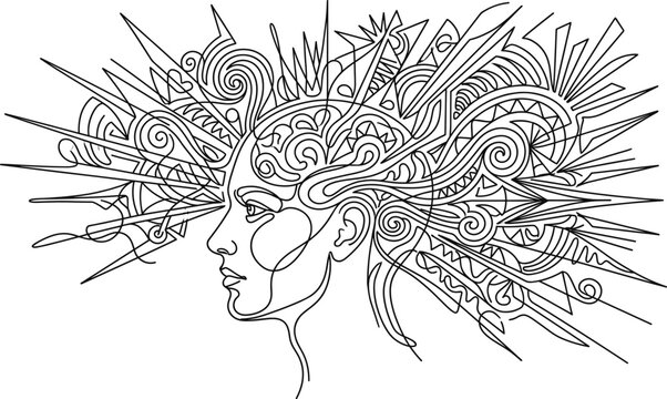 Abstract human head creative mind explosion concept line art imagination chaos ideas brain energy outline vector illustration design